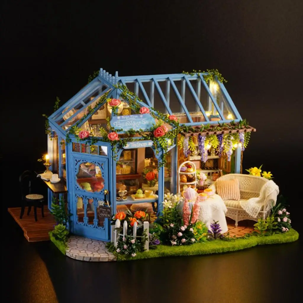 DIY Wooden Miniature Dollhouse Patio Toy Kits with Music Movements & Lights, Assembling Birthday Toy Gift for Children Teens