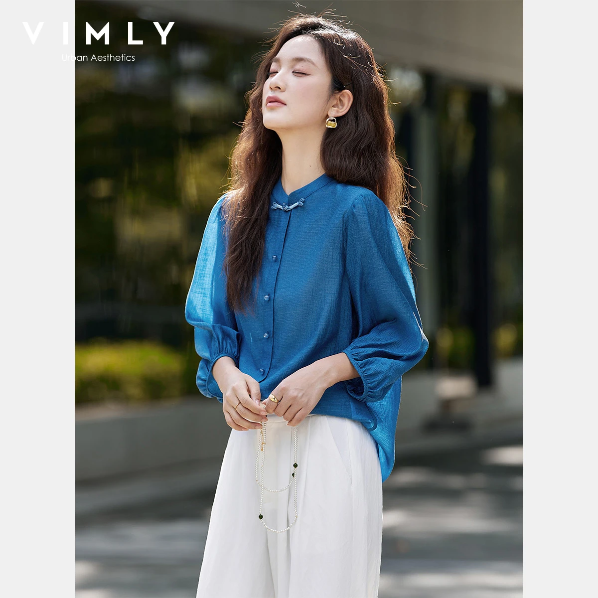 VIMLY Shirt Women Elegant Chinese Style 2025 Autumn New Lantern Sleeve Blouse for Woman Casual Chiffion Button Female Tops A3002