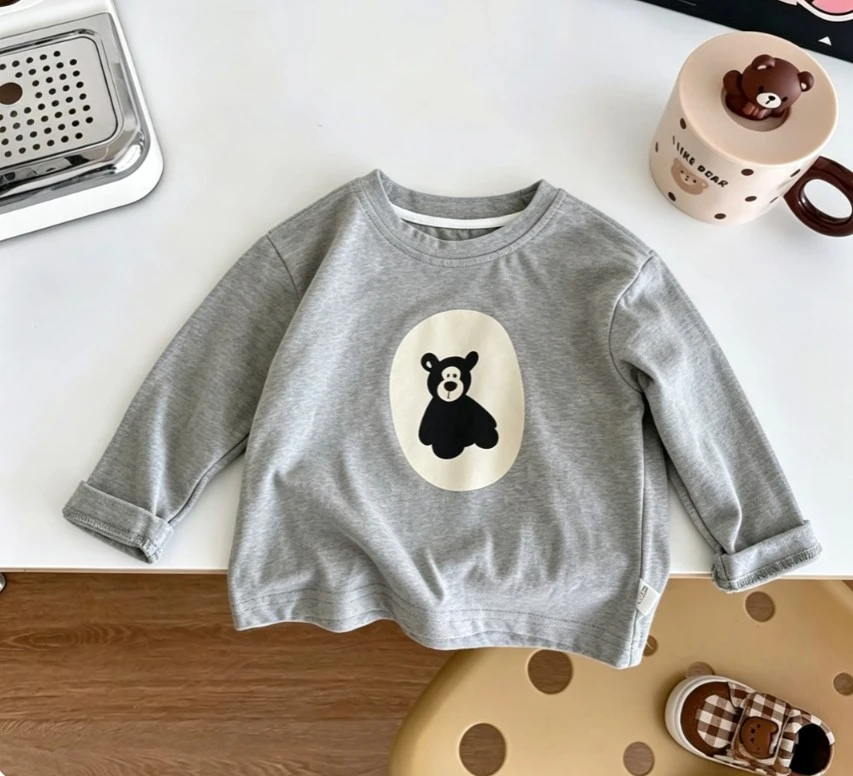 Little Boys Girls Casual Long Sleeve Tee Adorable Cartoon Bear Pattern Printed Baby Crew Neck Cotton T-Shirt Kid Daily Wear Tees