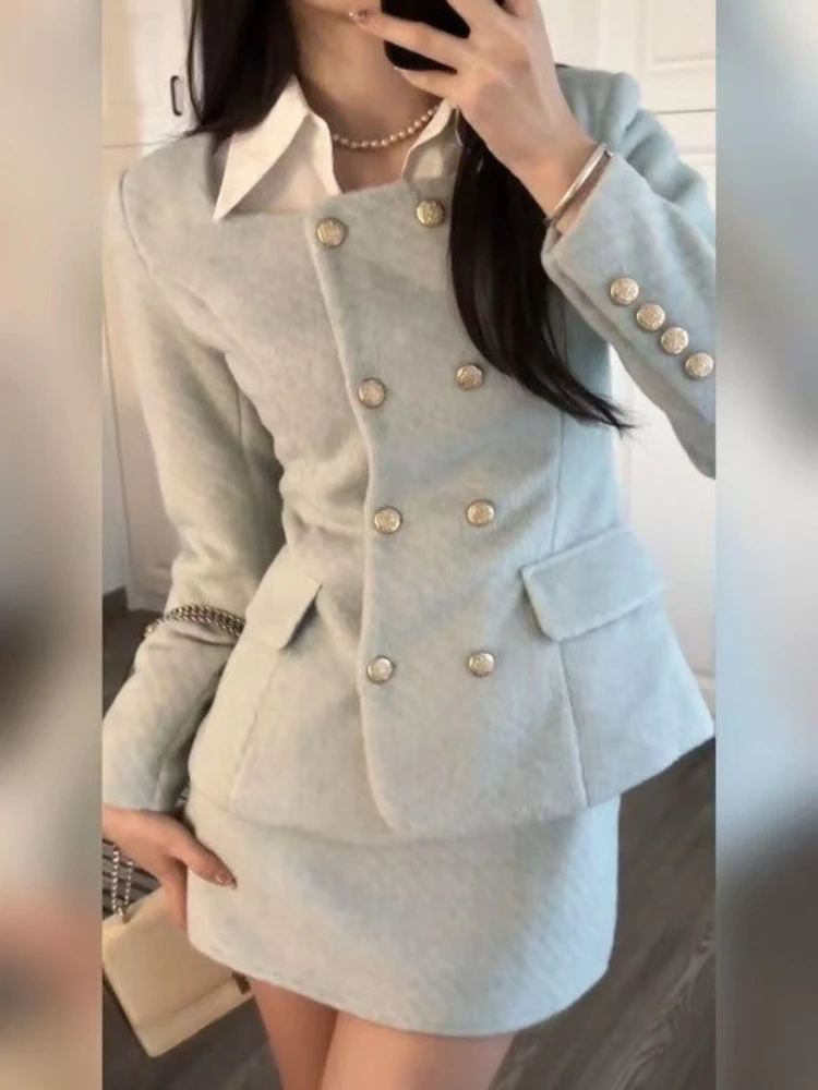 

Зимний французский элегантный блейзер и юбка, комплект из двух предметов, женский твидовый корейский модный костюм, комплект для похудения, шикарный дизайн для официальных мероприятий