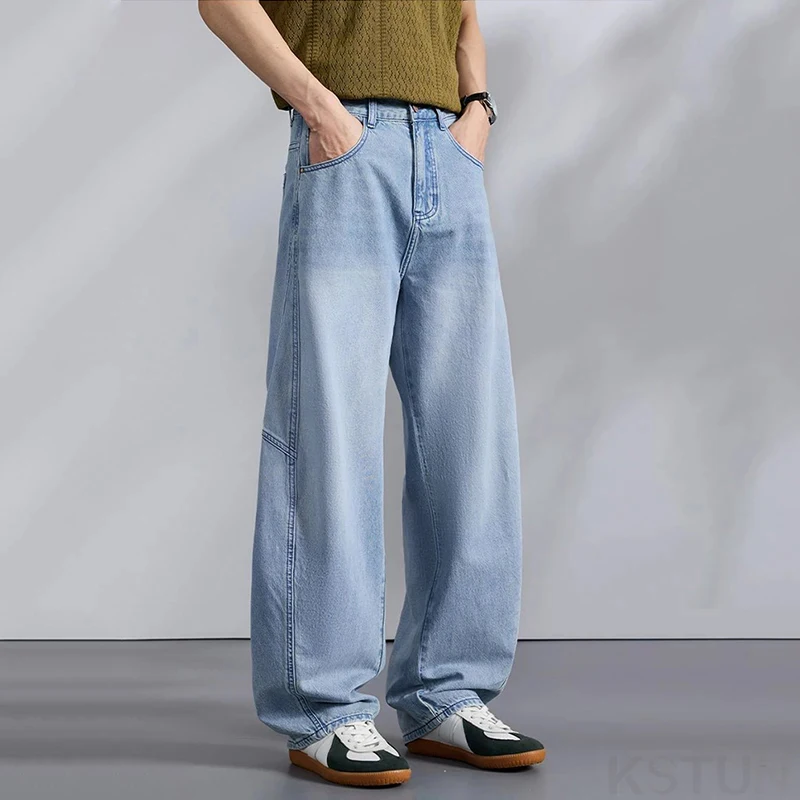 

2026 Summer Wide Leg Jeans Men Loose Straight Baggy Pants Light Blue Patchwork Streetwear Lyocell Fabric Man Long Trousers