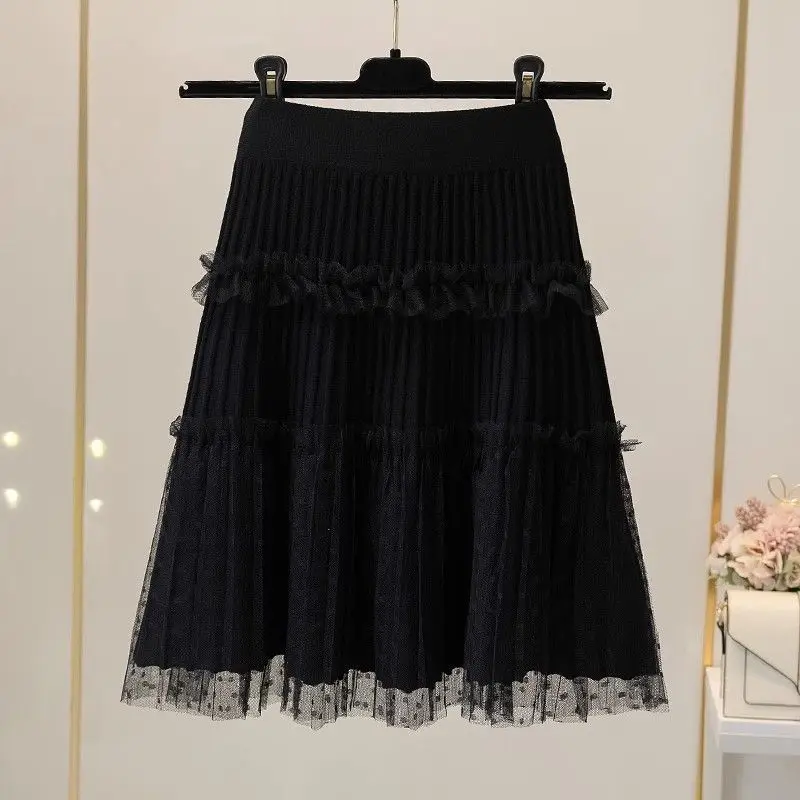 Mesh Skirt Patchwork Knitted Short Women in Autumn High-end New Style Pleated Skirt to Cover Up and Show Off Weight A-line Skirt