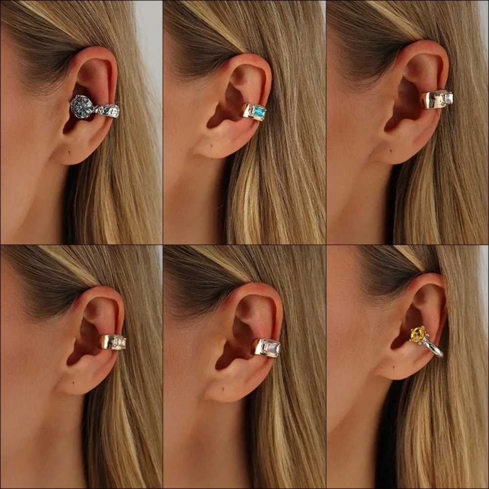 Colorful C-Shaped Ear Cuff Geometric Alloy Clip Earrings Rhinestone All-match Fake Piercing Earrings Fits Both Left & Right Ear