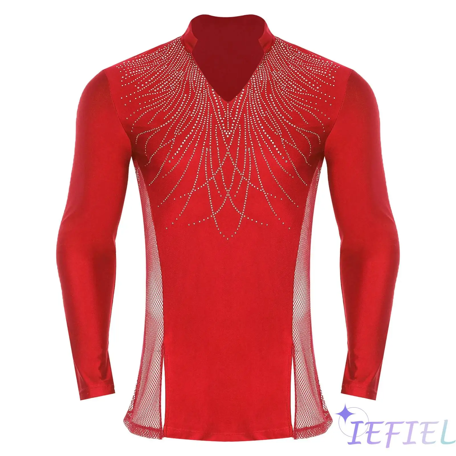 

Mens Elegant Ballet Practice Dance Shirt V Neck Side Mesh Latin Dance Bodysuit Ice Skating Dancewear for Tango Salsa Stage Show