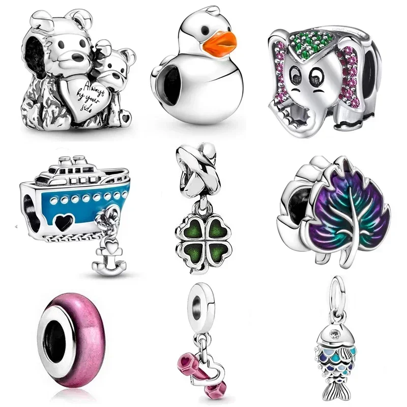 2024 New Silver Color Dumbbell Clover Bear Leaf Fish Duck Diy Bead Fits European Pandora Charm Bracelets Jewelry Accessories