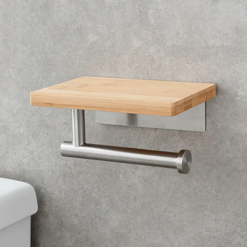 Black Wall-Mounted Stainless Steel Roll Paper Holder Toilet Compartment Wooden Storage Hand Towel Rack for Kitchen Bathroom