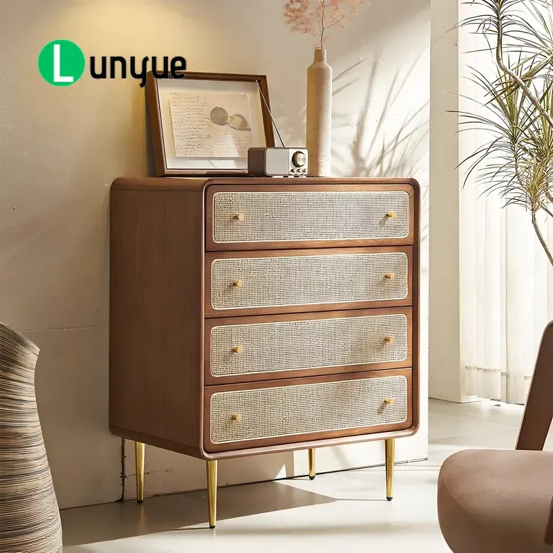 Nordic Solid Wood Chest of Drawers Simple Modern Rattan Storage Cabinet Multi Functional Bedroom Locker for Home Organization