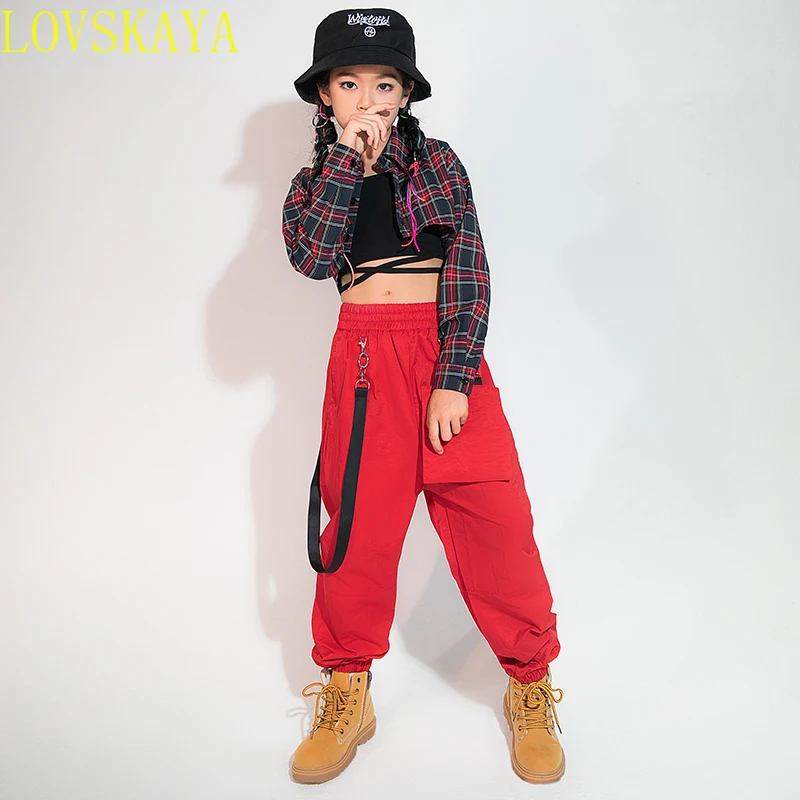 Girls Hip-hop Clothing Plaid Shirt with Exposed Navel Vest, Red Loose Casual Pants,street Dance Costume,jazz Performance Costume