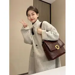 Oat Colored Woolen Coat for Autumn and Winter High-end Herringbone Patterned Woolen Coat Popular Korean High-end Hepbur Blends