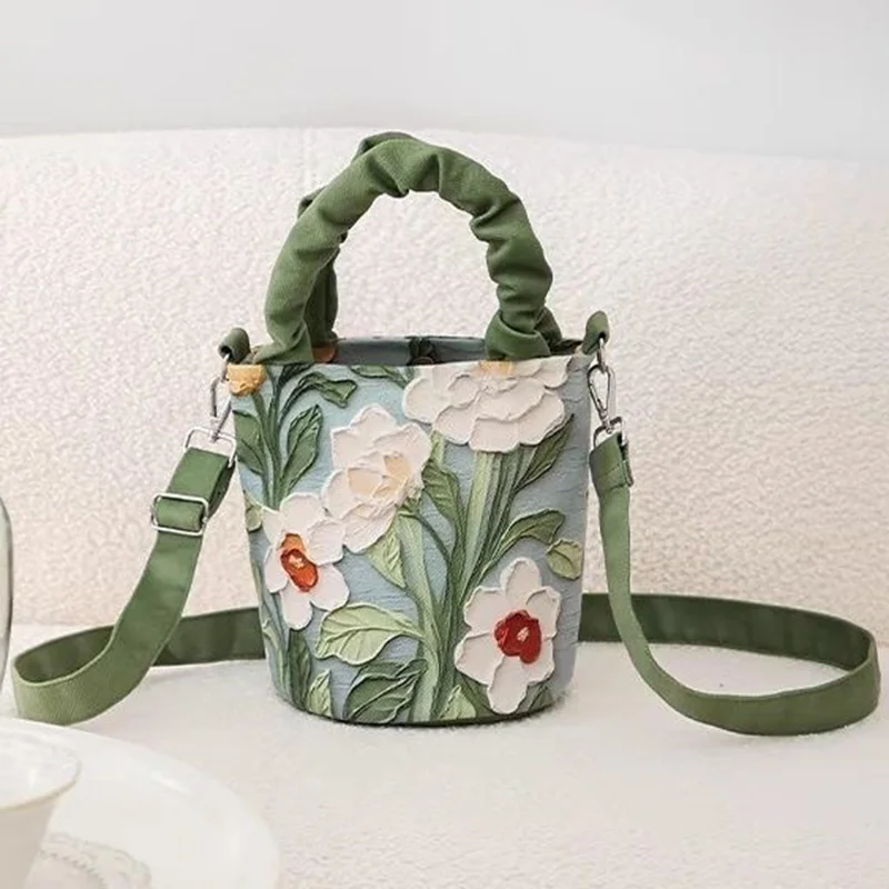 Oil Painting Flower Advanced Feeling Crossbody Handle Bucket Women's Bag Korean Illustration Literary Watercolor Creative