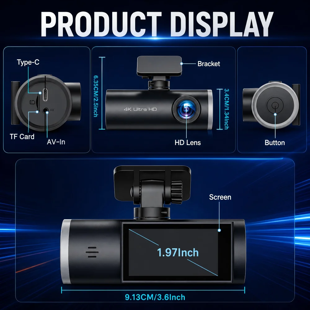 Cámara para Auto AUBERON 4K con Doble Lente, 4K Frontal + 1080P Trasera, WiFi, Visión Nocturna, Sensor G, Grabación en Bucle, DVR para Vehículos