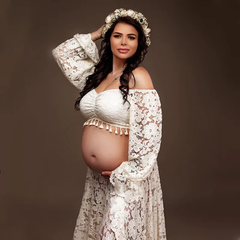 Boho Lace Maternity Photo Shoot Long Dress Maternity Photograpy Outfit Sets 2 in 1 Pregnancy Dresses For Photography