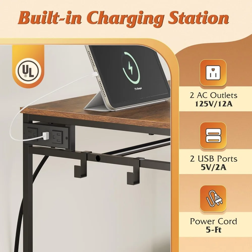 42'' LED Dresser with Charging Station, 3 Drawers & Hanging Rack, Fabric Storage Organizer with Open Shelves, Brown