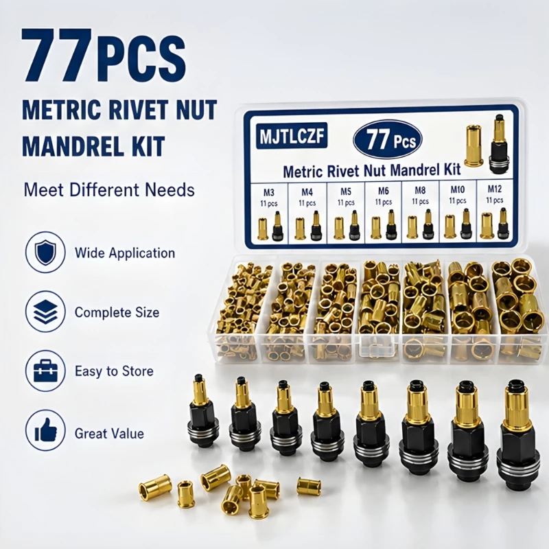 Threaded Insert Nut Set, 77 Piece Metric Rivet Nut with Knurled Flat Inserts and Mandrels for Metal Sheet Repair and M4YD