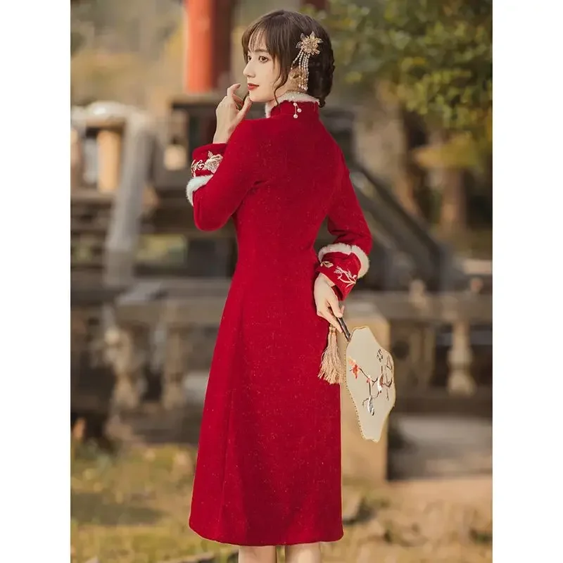 Cheongsam rojo de Año Nuevo chino para mujer, vestido de invierno de manga larga engrosado, ajustado, elegante, chino tradicional, Qipao S a XXL