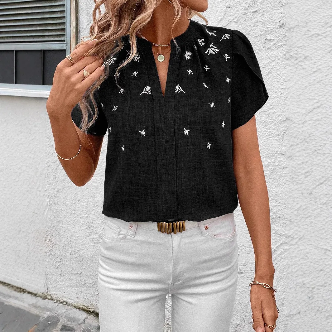 Women Short Sleeve Blouses Summer V Neck Casual Print Office Lady OL Street Personality Shirts Blusas Elegant Finas Para Mujer