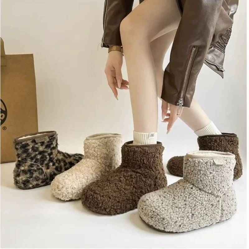 

Short Plush Fluffy Snow Boots Women Leopard Print Warm Fleece Winter Ankle Boots Female Casual Comfortable Pull on Flats Shoes