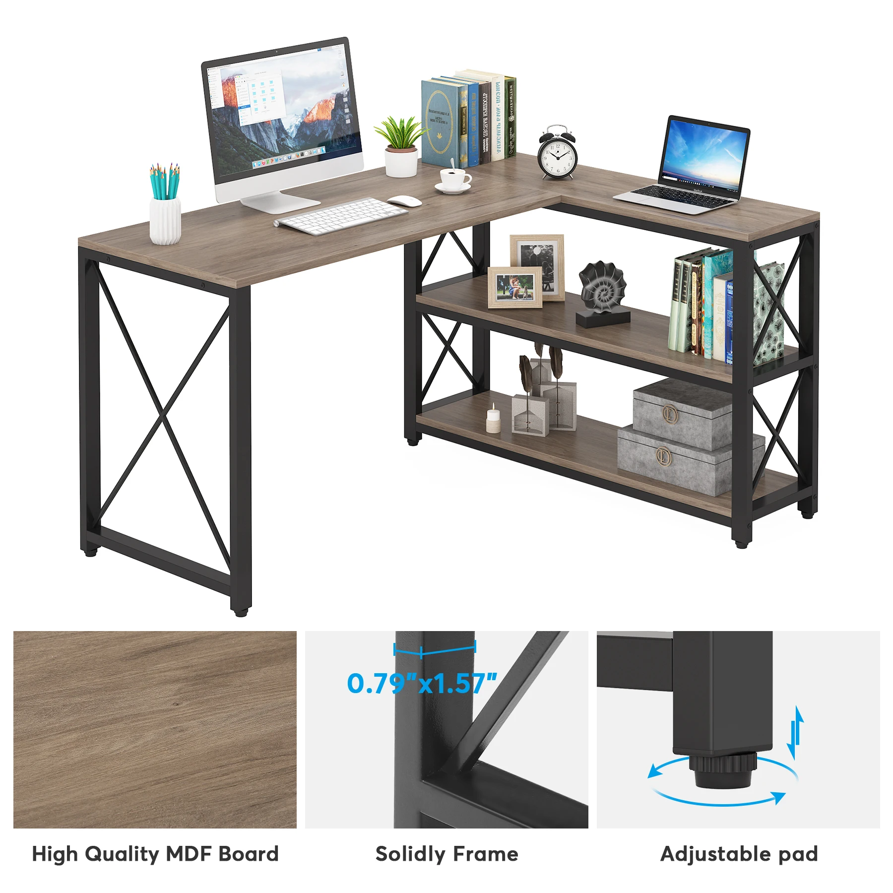 Tribesigns Reversible Industrial L-Shaped Desk with Storage Shelves, Corner Computer Desk PC Laptop Study Table Workstation