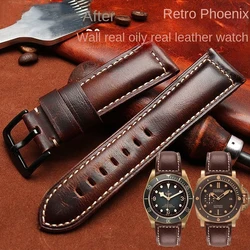 Oil Wax Genuine Cow Leather Bracelet for Panerai Citizen Fossil Breitling Hamilton Vintage Watch Strap 22mm 24mm 26mm Watchband