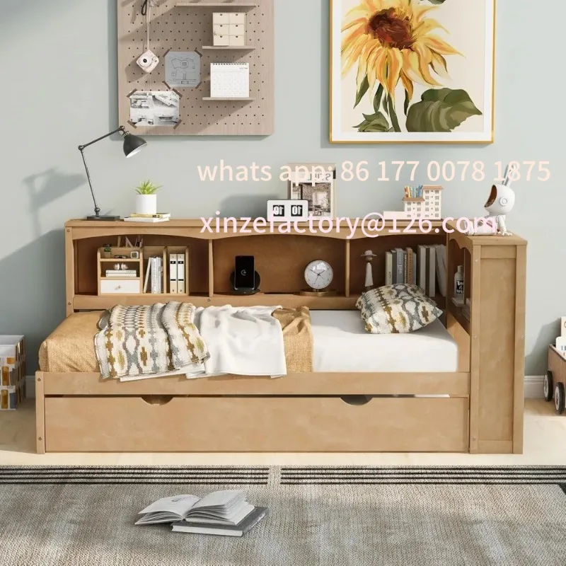 سرير بمنصة مزدوجة خشبية قابلة للتخصيص مع لوح أمامي وسرير نهاري بحجم مزدوج مع دولاب وخزائن كتب للتخزين ومنافذ USB