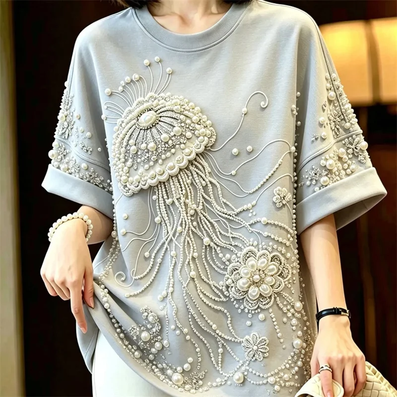 Fashion Heavy Industry Nail Bead Jellyfish Embroidery T-shirt Summer Autumn Women Tshirt Blouse Loose Short Sleeved Top Female