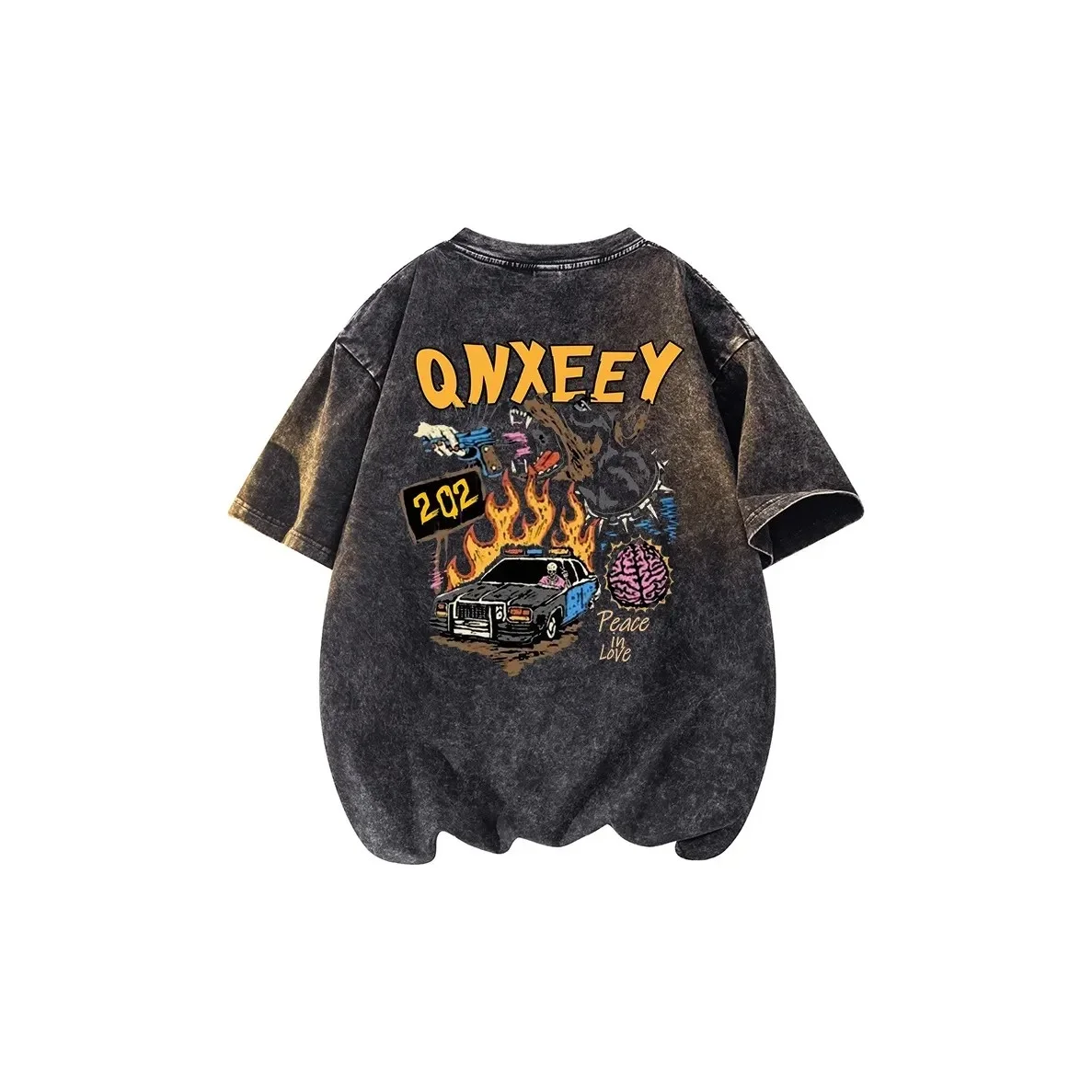 

American Retro Wind Wash Old Car Flame Animation Pattern Printing Loose Cotton Short-sleeved T-shirt