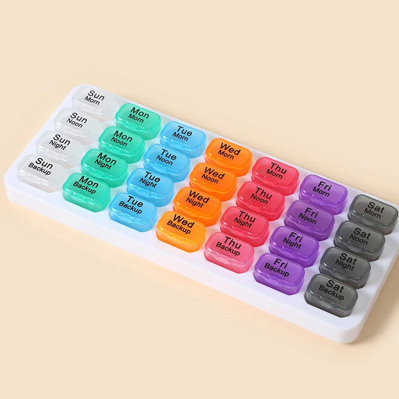 Weekly Pill Organizer 7 Day 4 Times a Day, Large Capacity Detachable Pill Box with AM PM Night Backup, Rainbow Color Coded Trave