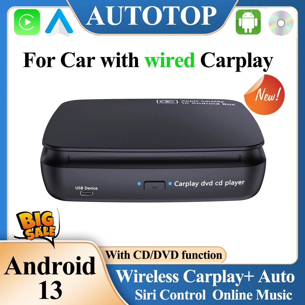 

AUTOTOP Universal Car DVD CD Multimedia Player Wireless Carplay Android Auto for All Cars with OEM Wired Carplay Bluetooth USB