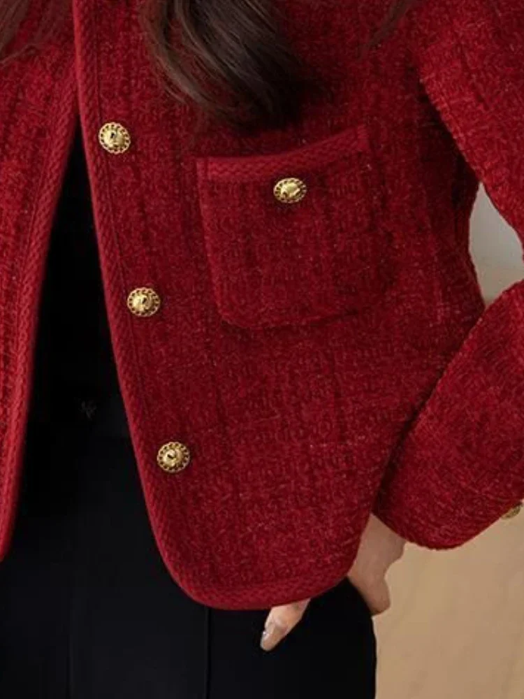Wine Red Women\'s Jackets 2024 Autumn and Winter New Metal Buckle Short Women Coat Korean Fashion Slim Elegant Tweed Jackets