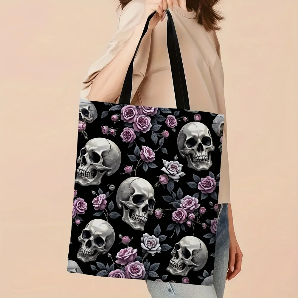 1pc Gothic Rose Floral Skull Tote Bag – Stylish Reusable Shoulder Handbag for Shopping,Black with Pink Roses & White Skulls