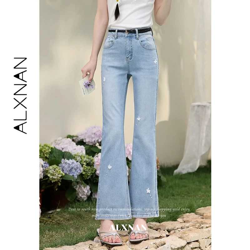 

ALXNAN High Waist Flared Jeans with 3D Floral Embroidery Elegant Fashion Jeans Summer Casual Vintage Female Denim Pants L65806