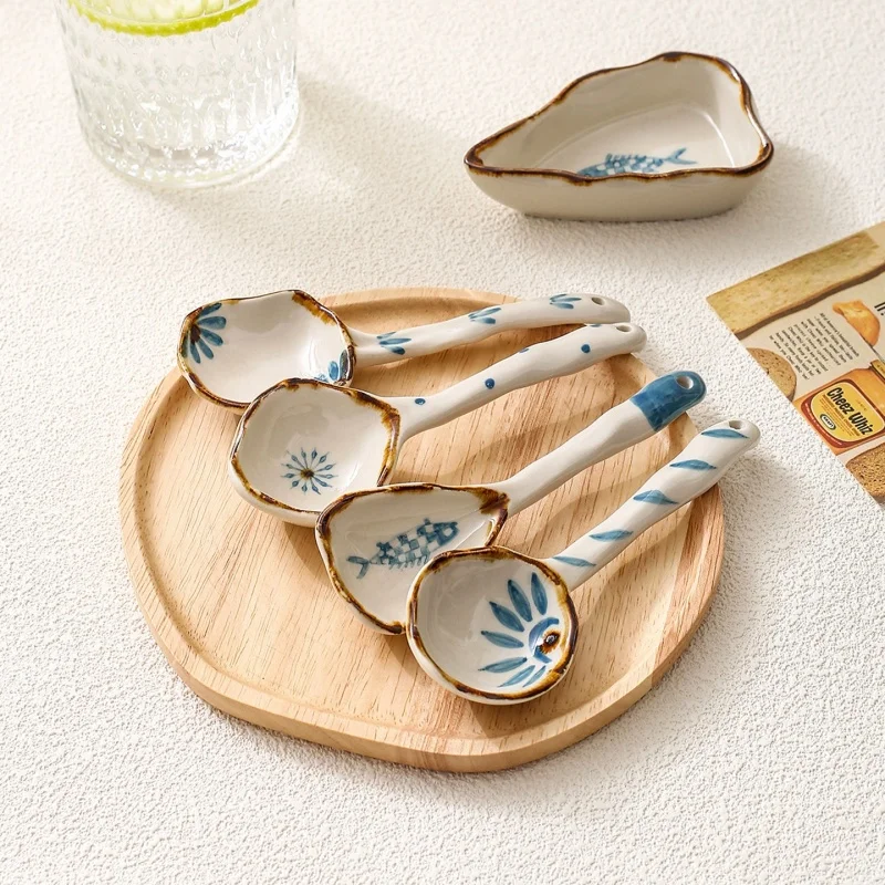 

Japanese hand-painted kiln turned dish spoon, household ceramic dish spoon combination, underglaze color soup dipping dish soup
