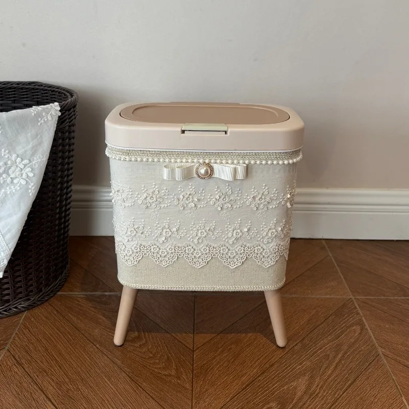 Cream Tone Press Lid Waste Bin, Cotton Linen Fabric with Embroidered Lace Decor for Bedroom Home