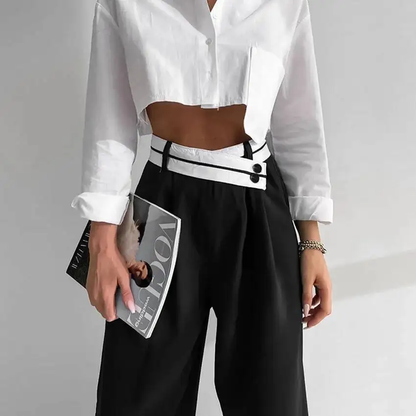 

Women High Waist Wide Leg Pants 2025 Autumn Winter Niche Design suit Pants Black Paneled Wide Leg Versatile Casual Trousers