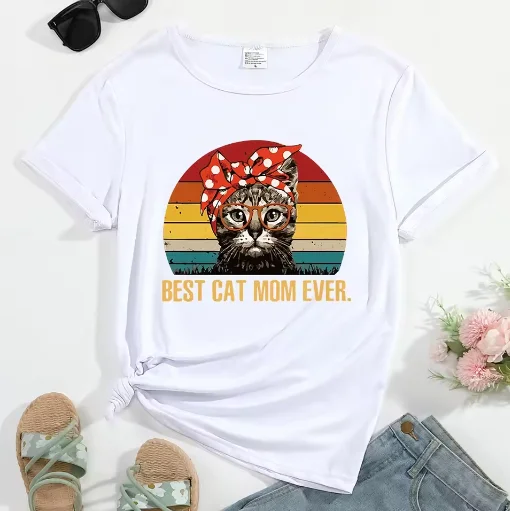 Women's T-shirt Best Cat Mom Ever Pattern Print Round Neck Casual Streetwear Female Clothing Top Tees Comfortable Breathable Y2K