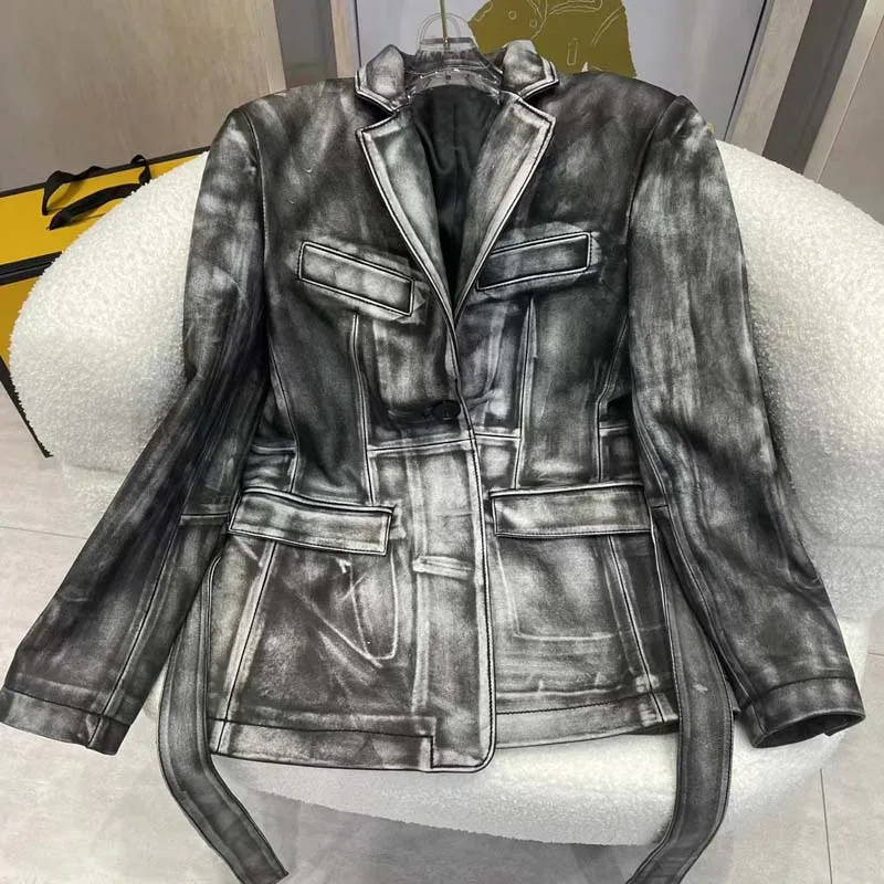 Suit Style Coat Spring And Autumn Women New Arrival Regular Length Real Cow Leather Jacket With Belt Vintage Vintage Craft