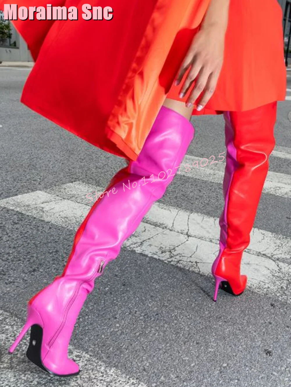 

Stitching Pointed Toe Thigh High Boots Stiletto High Heel Side Zipper Fashion Mixed Colors Women Over The Knee Boots Winter 2024