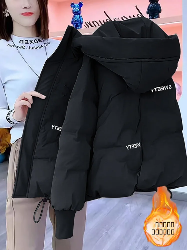 

Зимняя утепленная теплая пуховая куртка из хлопка для женщин: повседневное свободное пальто больших размеров с капюшоном на молнии и длинными рукавами