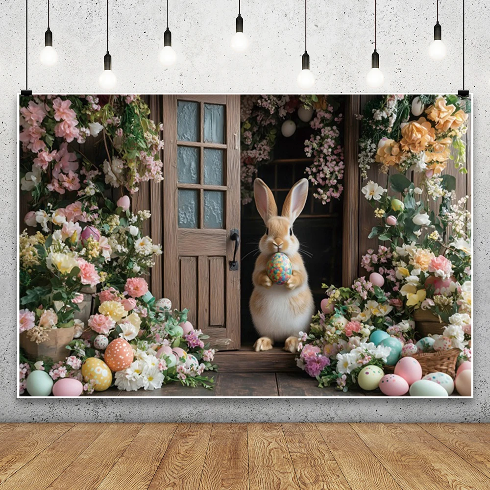 أرنب عيد الفصح حديقة التصوير خلفية زهور الربيع بيض عيد الفصح باب خشبي للأطفال عيد ميلاد داخلي صورة خلفية التصوير الفوتوغرافي