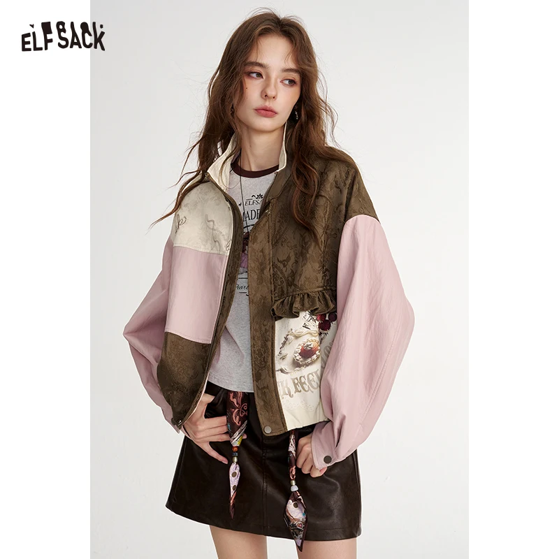 ELFSACK Women's Floral Patchwork Bomber Jacket with Graphic Print, Loose Outerwear for Everyday Casual