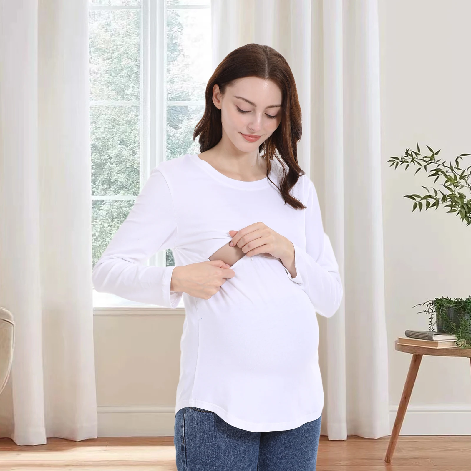 Maternity T Shirt Breastfeeding Clothes Nursing Horizontal Zipper Lactation Top Soft Cotton Plus Size S to 5XL Spring Autumn