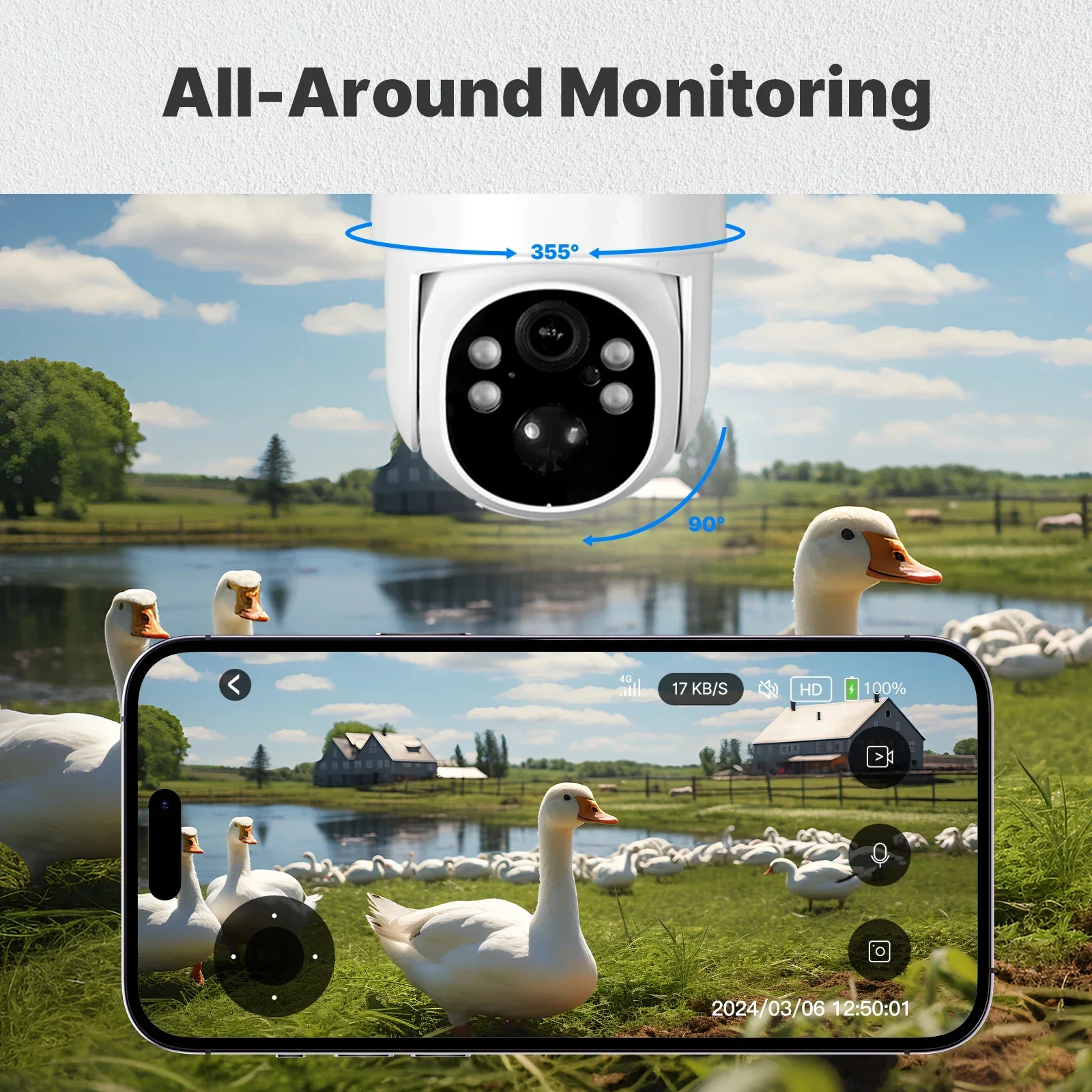 Telecamera 4G LTE Senza WiFi Con SIM – 2.5K 5MP, Visione Notturna A Colori, Rilevamento Movimento E Batteria 5000 MAh