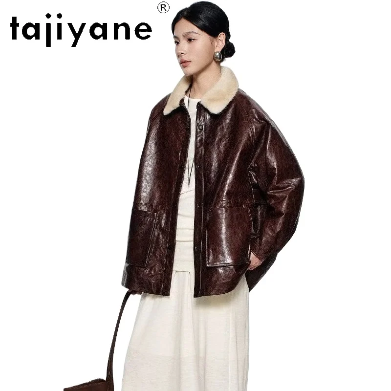 TAJIYANE Öl Wachs Schaffell Gänsedaunen Mantel Frau Nerz Pelz Kragen Mäntel Echt Leder Puffer Jacke 2025 Winter Kleidung Nayeка
