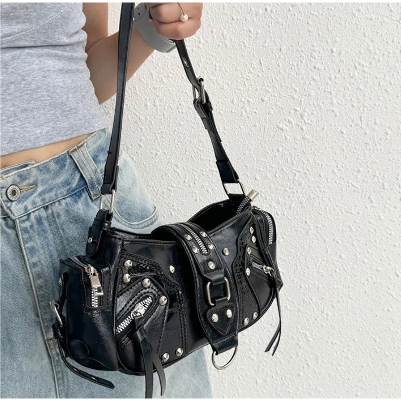 

Y2k Women's Motorcycle Bag Retro Pu Leather Handbag Black Punk Style Brand Underarm Bag Luxury Rivet Design Tassel Crossbody Bag