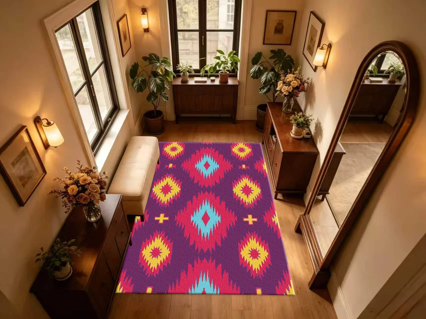 Boho Native Geometric Tribal Carpet Flooring Bright Color Ethnic Diamond Pattern Printed Square Floor Rug for Home Ornament