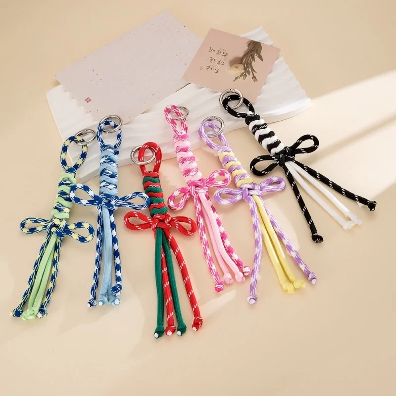 INS DIY Bag Pendant Nylon Braided Rope Bowknot Keychain Colorful Keyring For Women Bag Charm Handbag Hanging Dec Key Holder