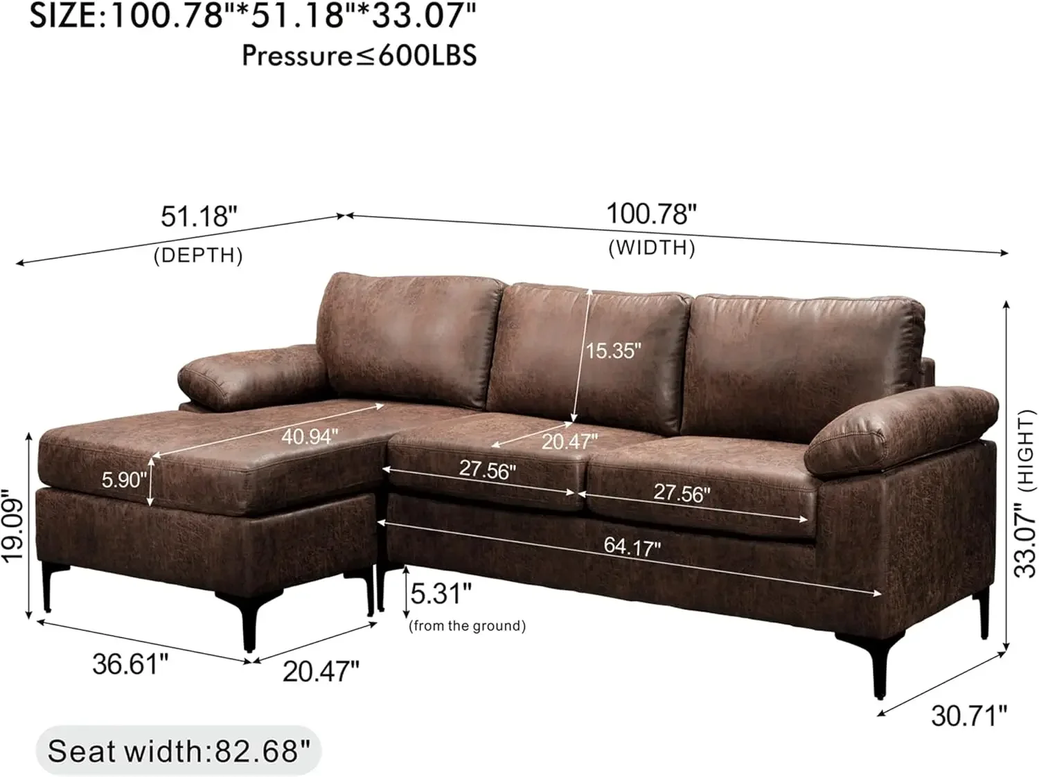 Convertible Sectional Sofa Couch L Shaped Sofa 3-Seat Couch with Reversible Chaise for Living Room,L Shaped 97 inches Dark Brown