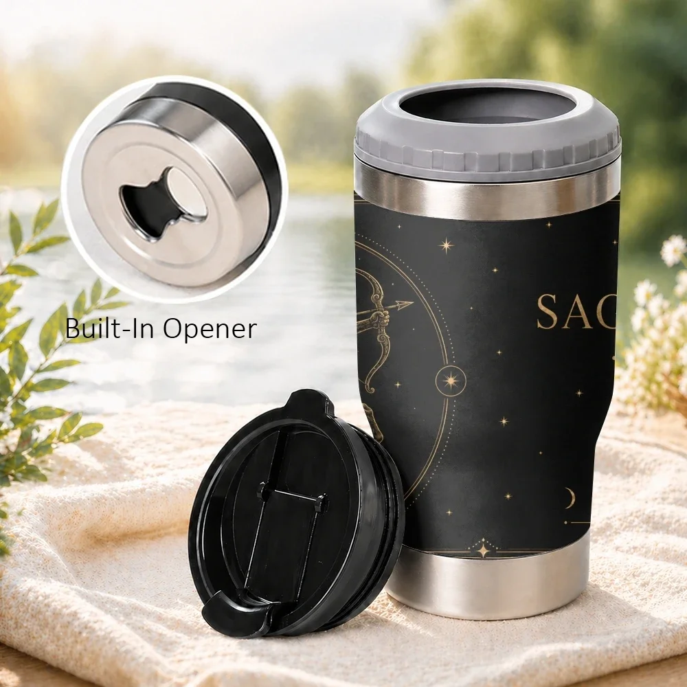 7-12 Black Luxury Zodiac Signs 4-in-1 Insulated Can Cooler Cup For Beer Soda Coffee, Stainless Steel Hot Cold Drink Holder Mug