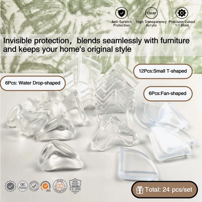 12/24 pièces de protège-coins de table transparents multi-formes, ronds, en forme d'éventail et en forme de T, pour protéger les bords des meubles courbes vintage