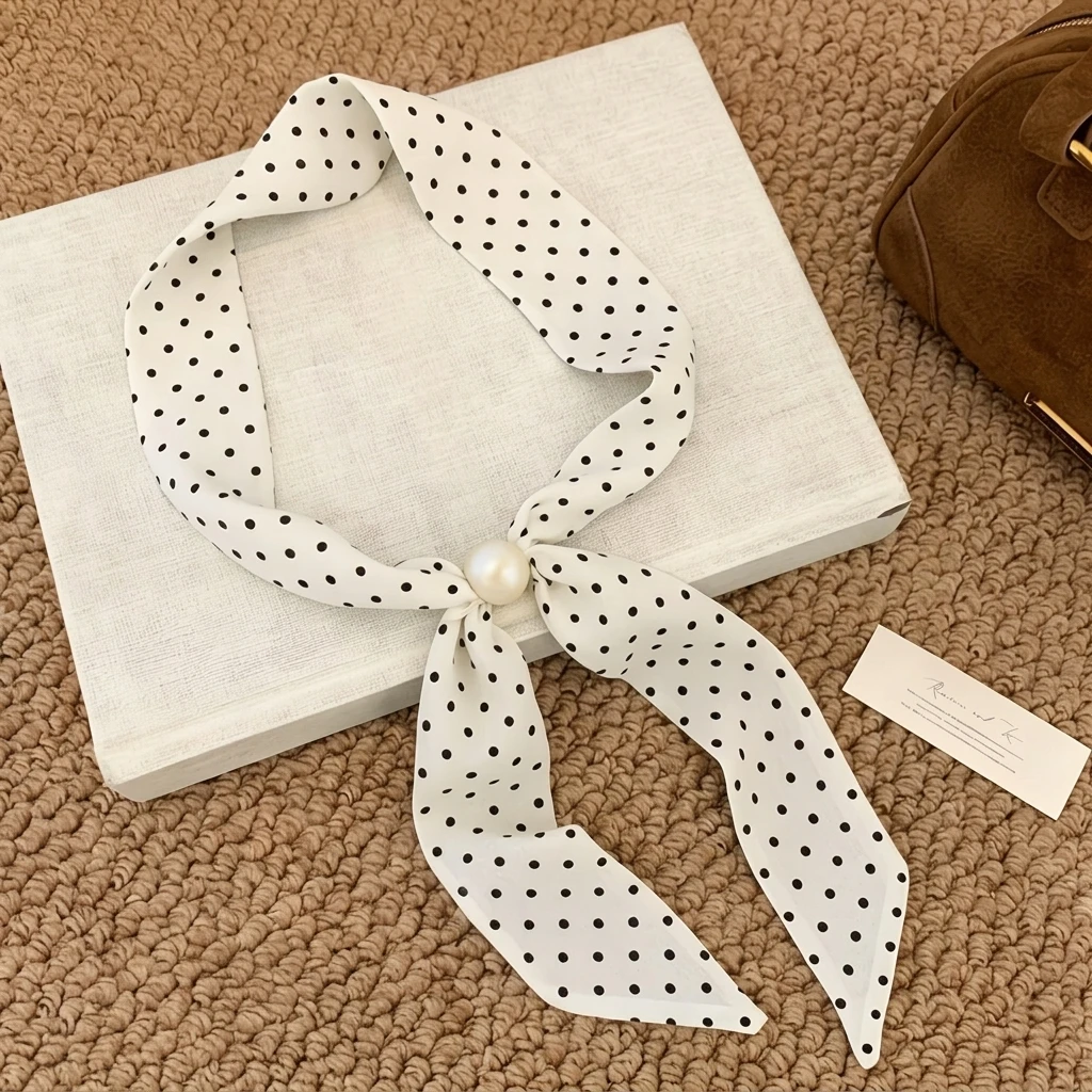 

Women Retro Satin Single Pearl Scarf Lightweight Accessory for Spring Outfits